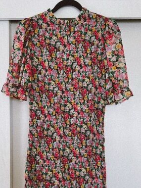 Smocked Floral Midi Dress in Pink, Green & Yellow